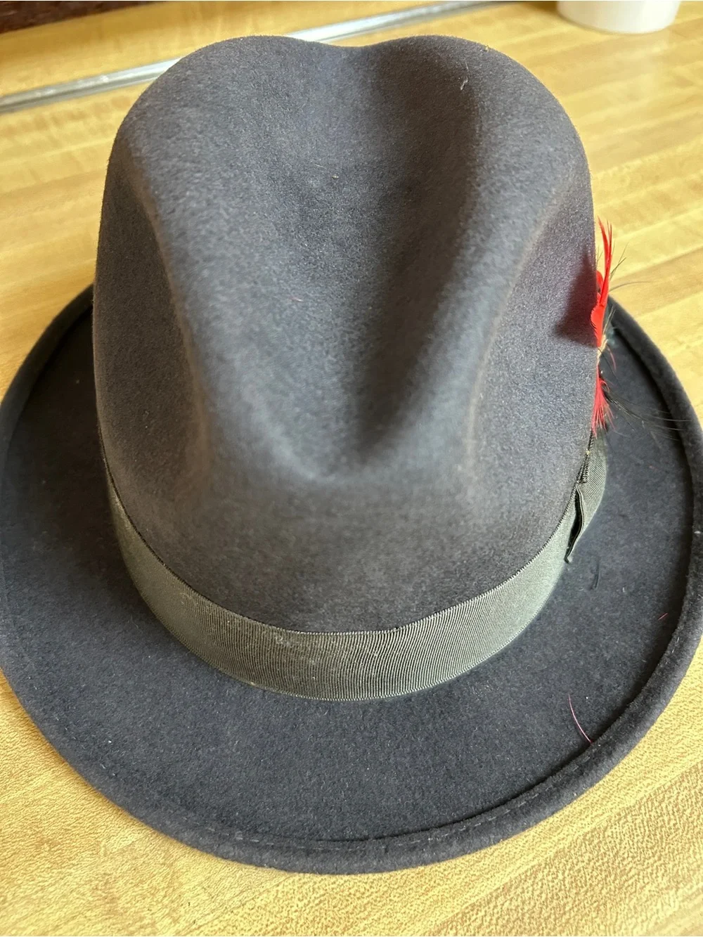 Vintage Men's 100% Wool Fedora Hat with Red Feather Accent Size 7 by Dorfman